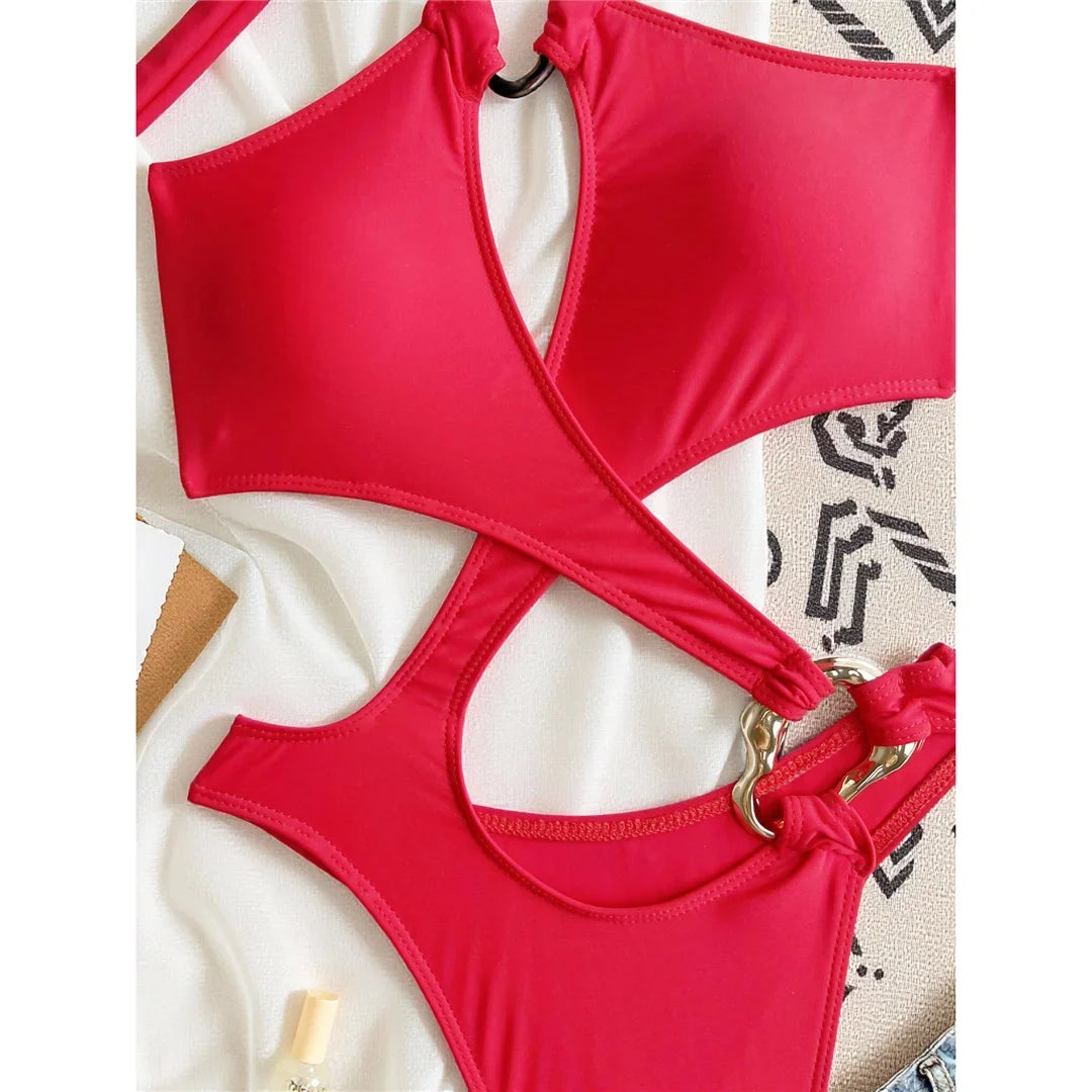 Sexy Tummy Cut Out Leopard Snakeskin Women Swimwear One Piece Swimsuit Female Halter High Cut Leg Bather Bathing Suit Swim V7972