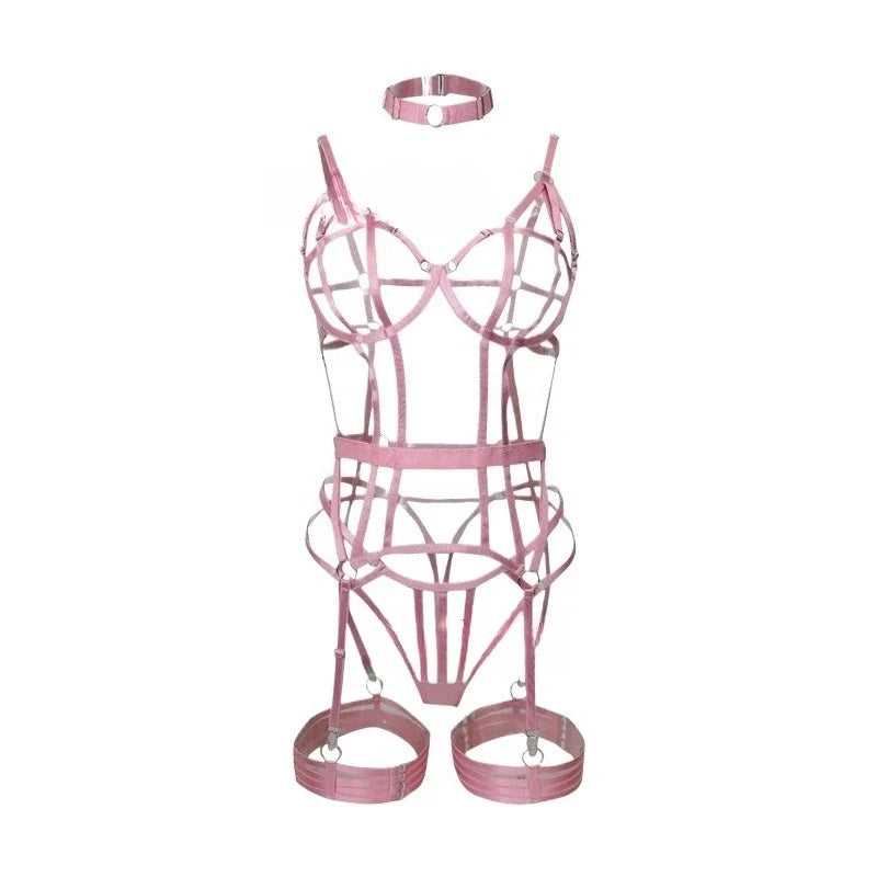 Toucheart Women Pink Patchwork Spaghetti Strap Wrap Dress Interesting Underwear Backless Hollow Out Irregular Fashion Sexy Set