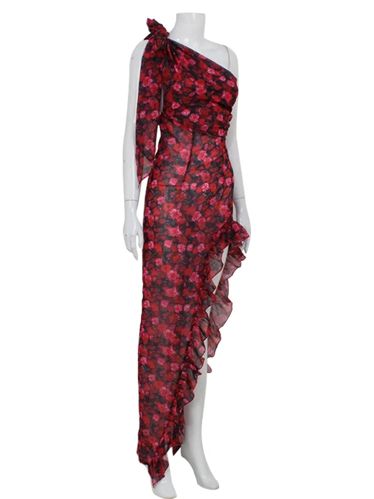 Ahagaga Floral Printed Sexy Women Chiffon Dresses Fashion One Shoulder Sleeveless Regular Casual High Split Slim Sheath Vestidos