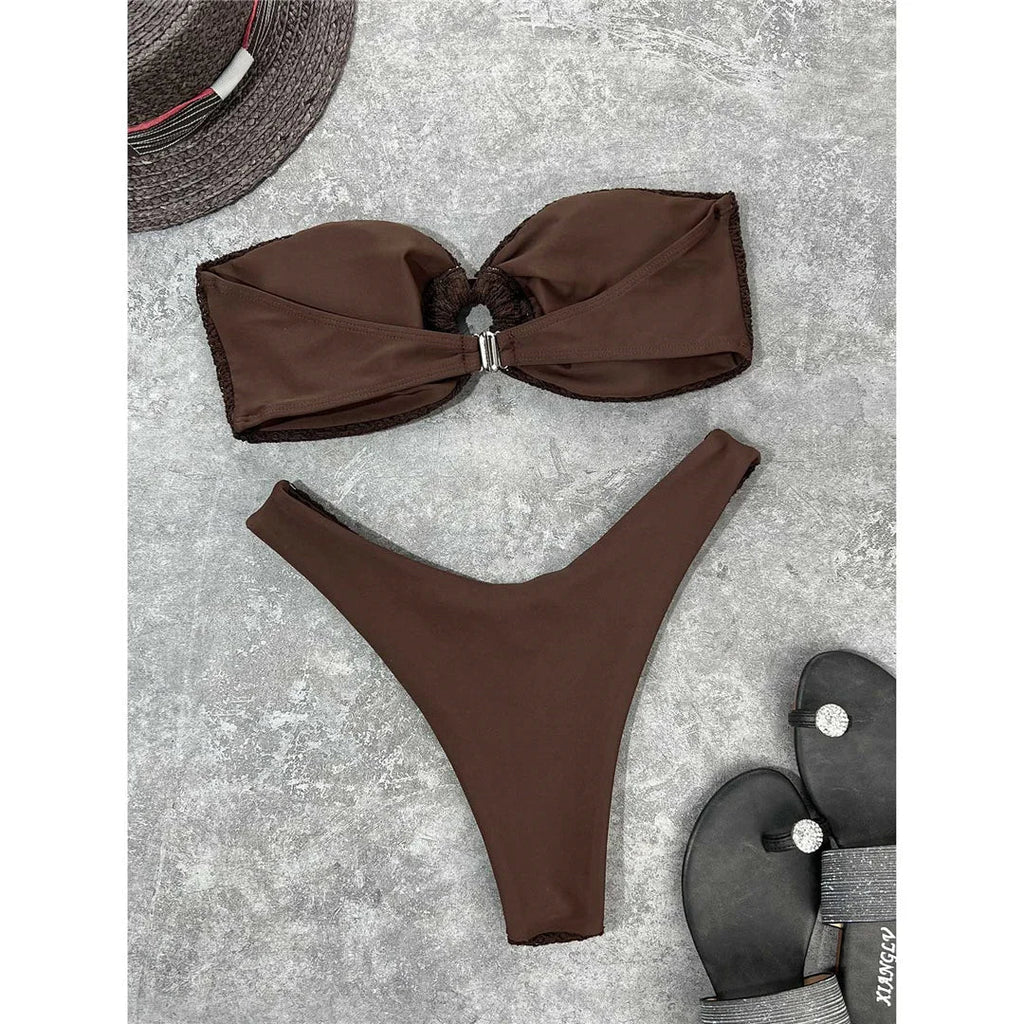 Wrinkled Bandeau High Cut Bikini Women Swimwear Female Swimsuit Two-Pieces Bikini Set Strapless Bather Bathing Suit Swim V3367