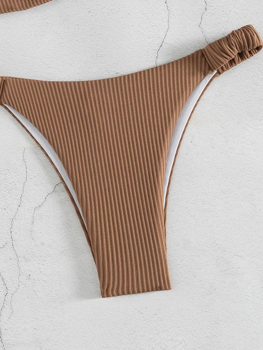 Front Knotted Metal Strap Ribbed Bikini Women Swimwear Female Swimsuit Two Pieces Bikini Set High Cut Bathing Suit Swim Beach