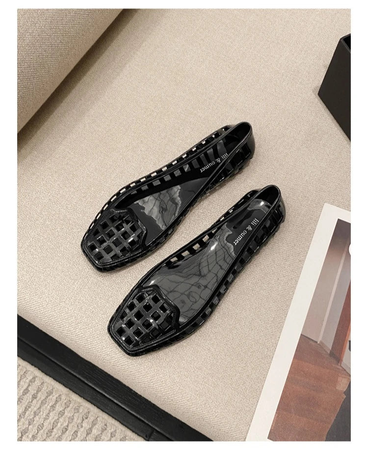 New 2025 Women Fashion Jelly Shoes Summer Cut-out Flat Sandals, Soft PVC Casual Square Toe Girls Daily Walking Sandalias