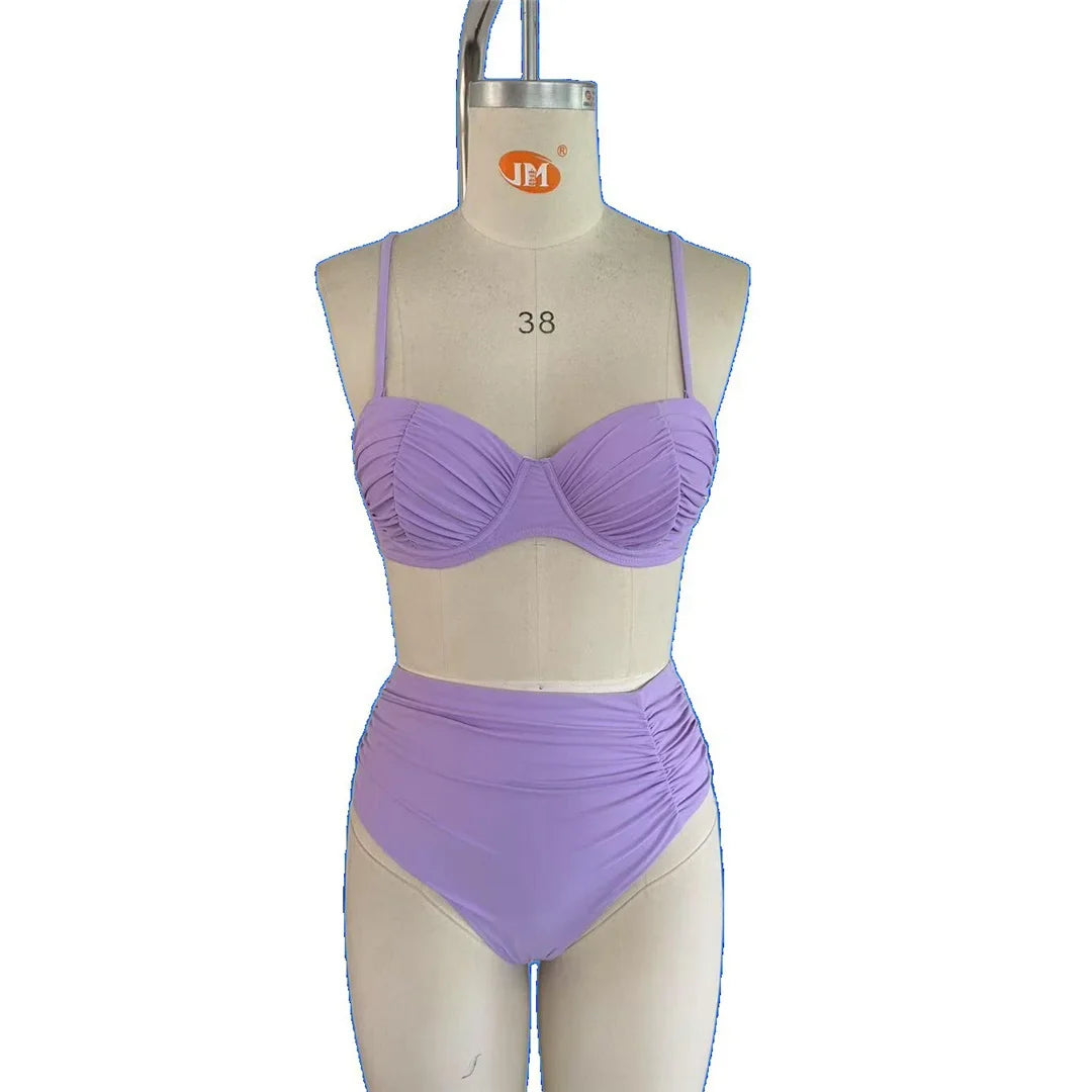 S - XXL Wrinkled Underwire Female Swimsuit High Waist Bikini Women Swimwear Two-Pieces Bikini Set Bather Bathing Suit Swim V7441