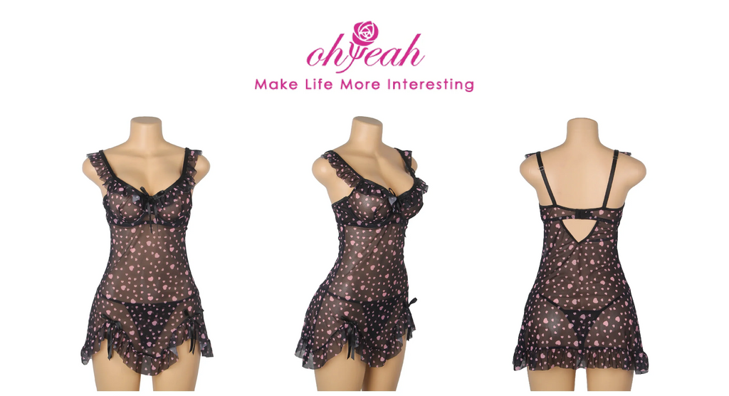 Pink Heart Print Mesh Nightdress for Women Lace Trim See Through Push Up Underwire Chemise with Panties Plus Size M-3XL