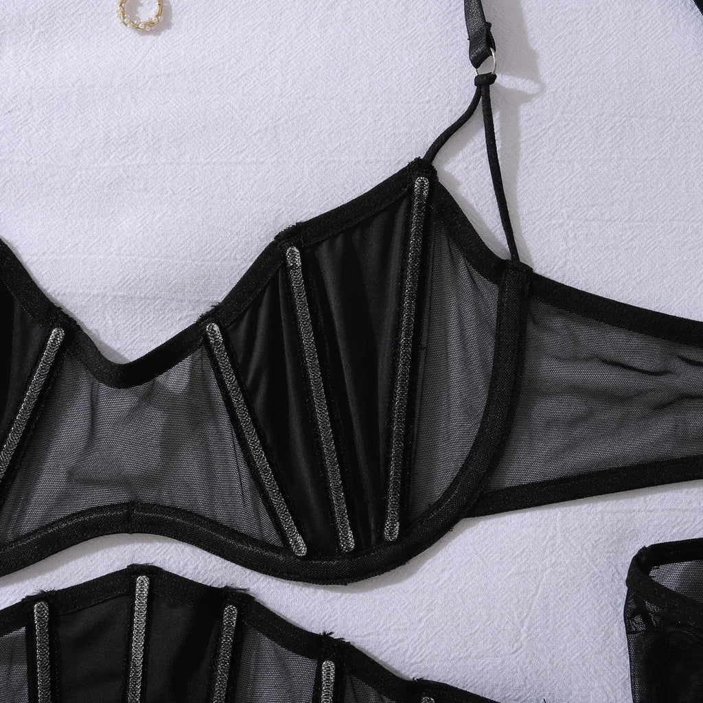 Toucheart Erotic Lingerie black Thin model see-through mesh Patchwork Body shaping gather together pure desire 5PCS with Gloves