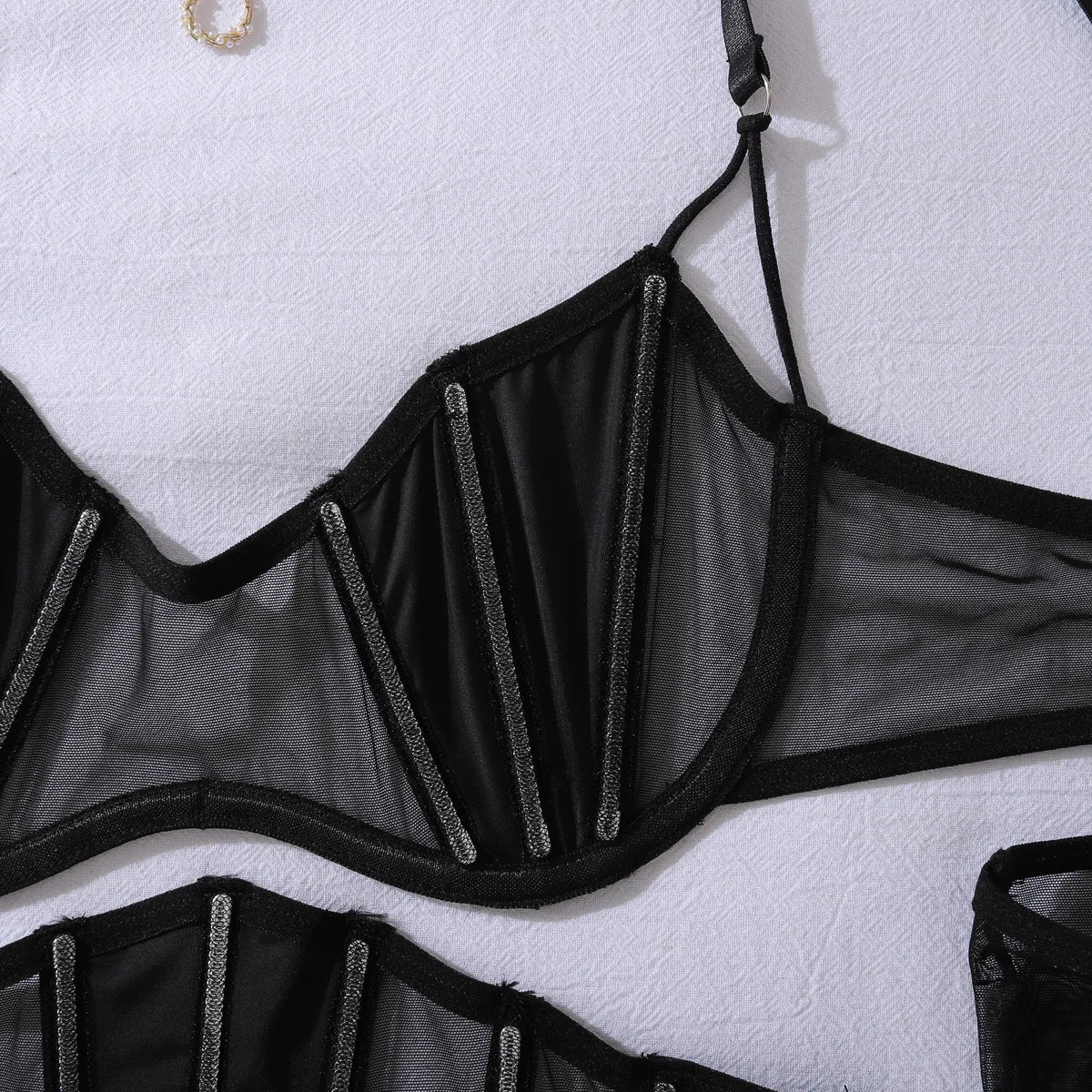 Toucheart Erotic Lingerie black Thin model see-through mesh Patchwork Body shaping gather together pure desire 5PCS with Gloves