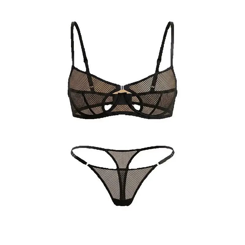 French Style Sexy Embroidered Transparent Underwear Set V-Neck Design Anti-Sagging Breathable Bra And Panties Ensemble
