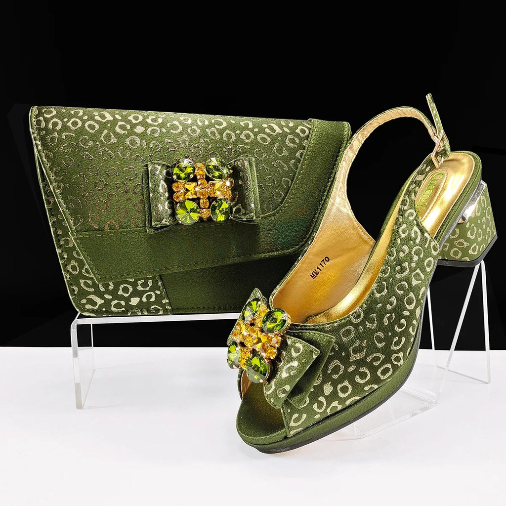 Doershow Italian green Shoes And Bag Sets For Evening Party With Stones Italian Leather Handbags Match Bags!  1-1