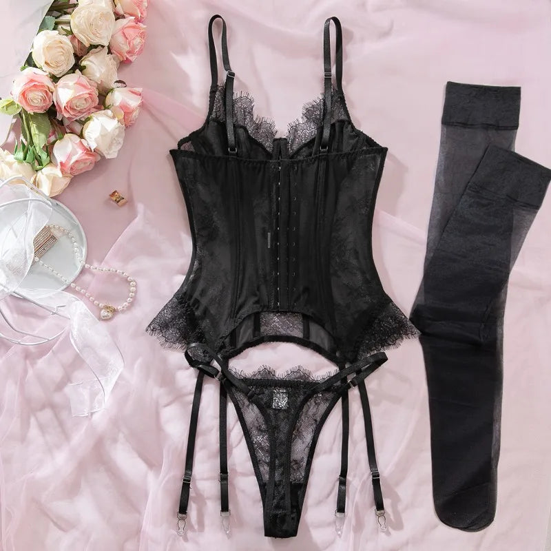 Toucheart Erotic Sexy See-through Lace Sling Women's Fishbone Breast Button Push-up Waist Women Hot Sexy Lingerie with Stockings