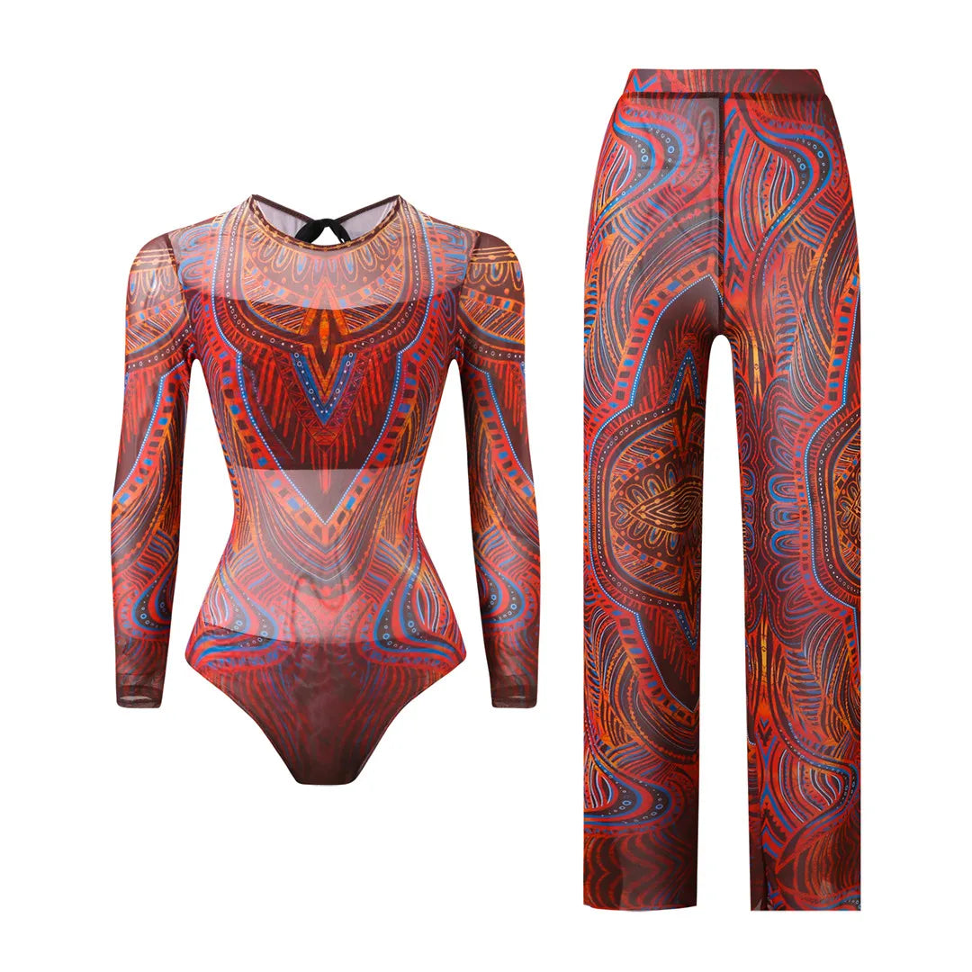 S - XXL New Printed Long Sleeve With Pants Women Swimwear One Piece Swimsuit Female Floral Padded Bather Bathing Suit Swim V7176