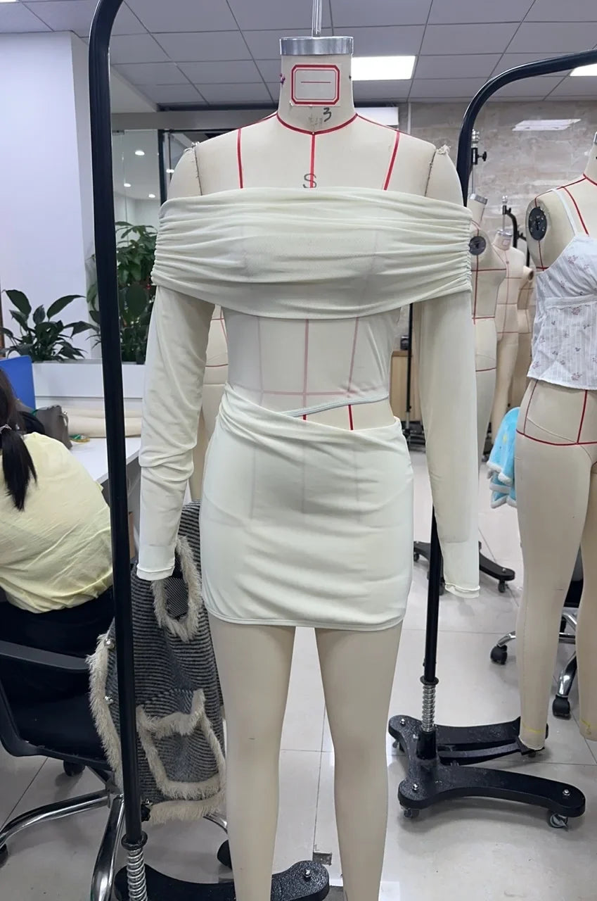 Women Mini Off Shoulder Slim Ruched Solid Color Party Club Dresses Cut Out Long Sleeve Backless Short Mesh Bodycon Dress