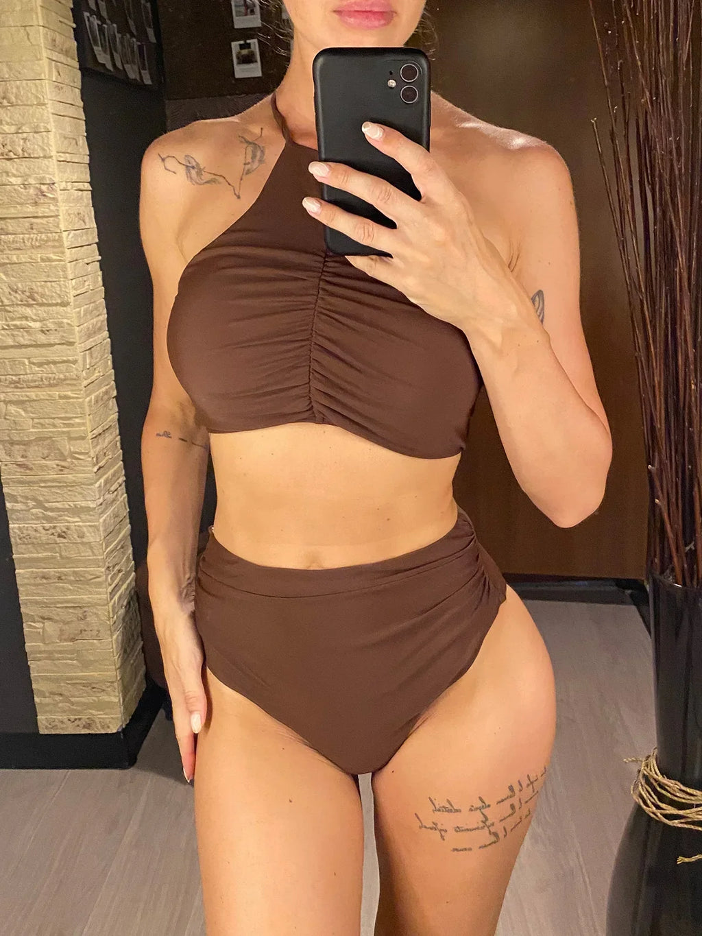 Halter Wrinkled High Neck Female Swimsuit High Waist Bikini Women Swimwear Two-pieces Bikini Set Bather Bathing Suit Swim V5616