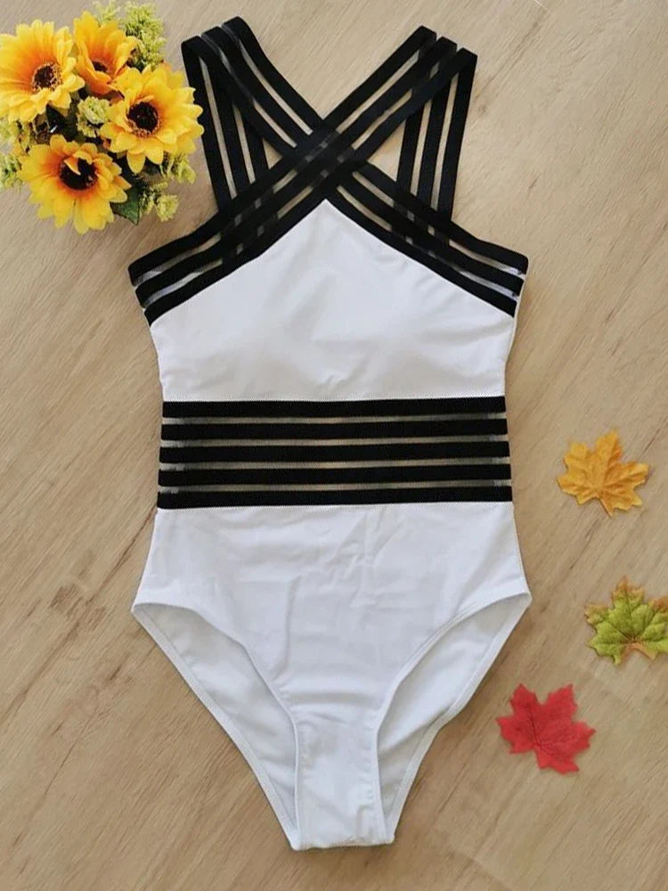 Mesh Tape Swimsuit One Piece Sexy Leopard 2026 Swimwear Women Cross High Neck Bathing Suit Female Swimming Summer Beachwear