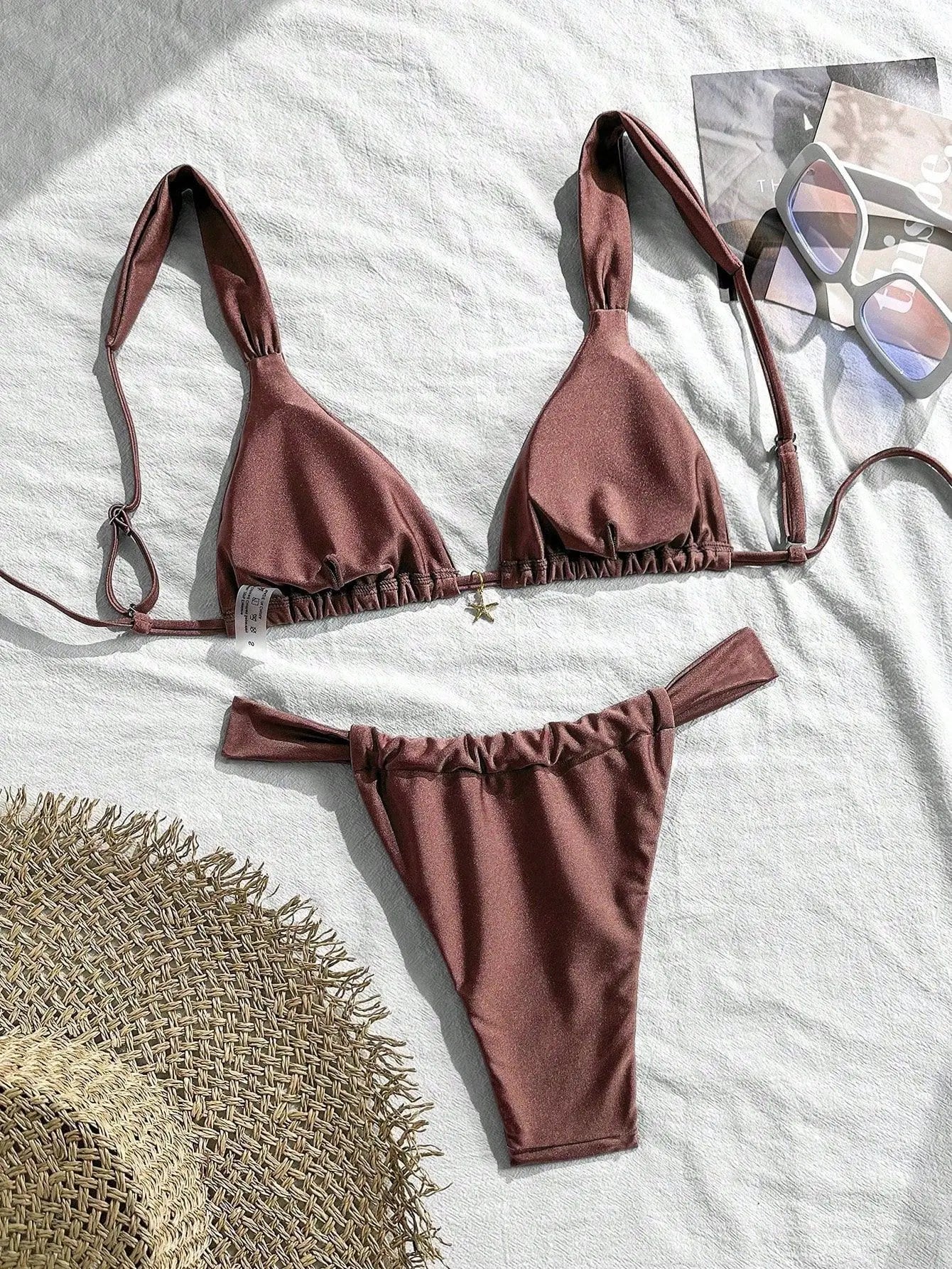 Sexy Starfish Ornament Bikini Set 2026 Women Sky Blue Pleate Push Up Bra Pleate Thong Swimwear Beach Bathing Suit Micro Swimsuit