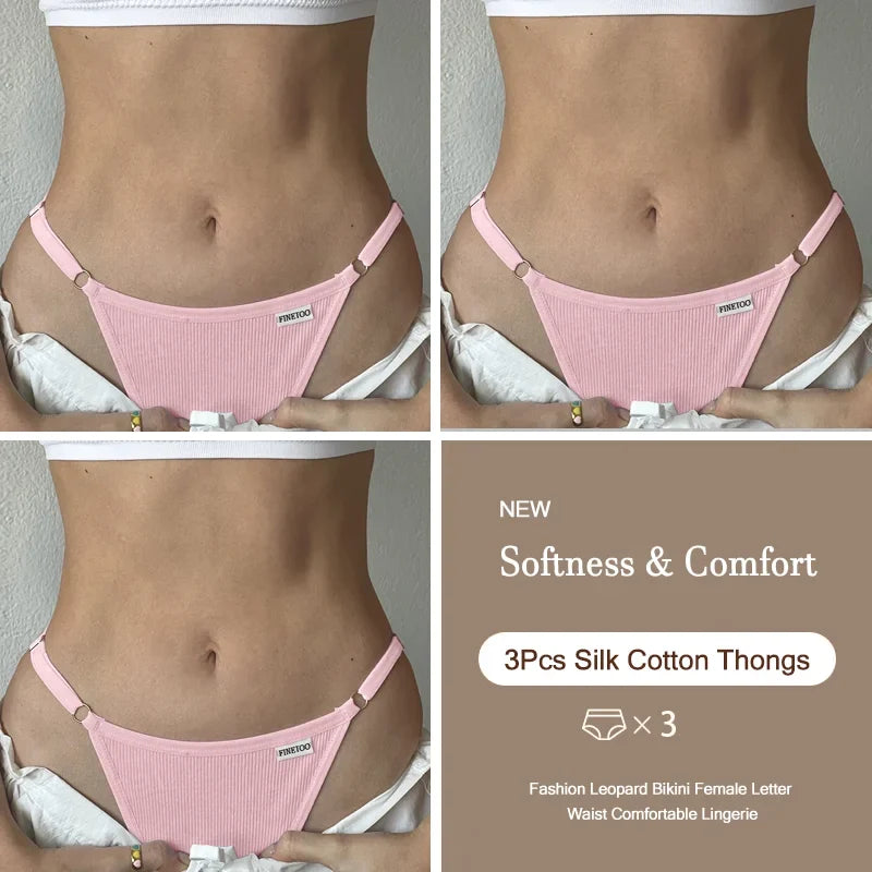 3PCS Women's Panties Cotton Thongs Adjustable Waist Sexy G-String Solid Color Seamless Intimate Female Underpants Lingerie S-XL
