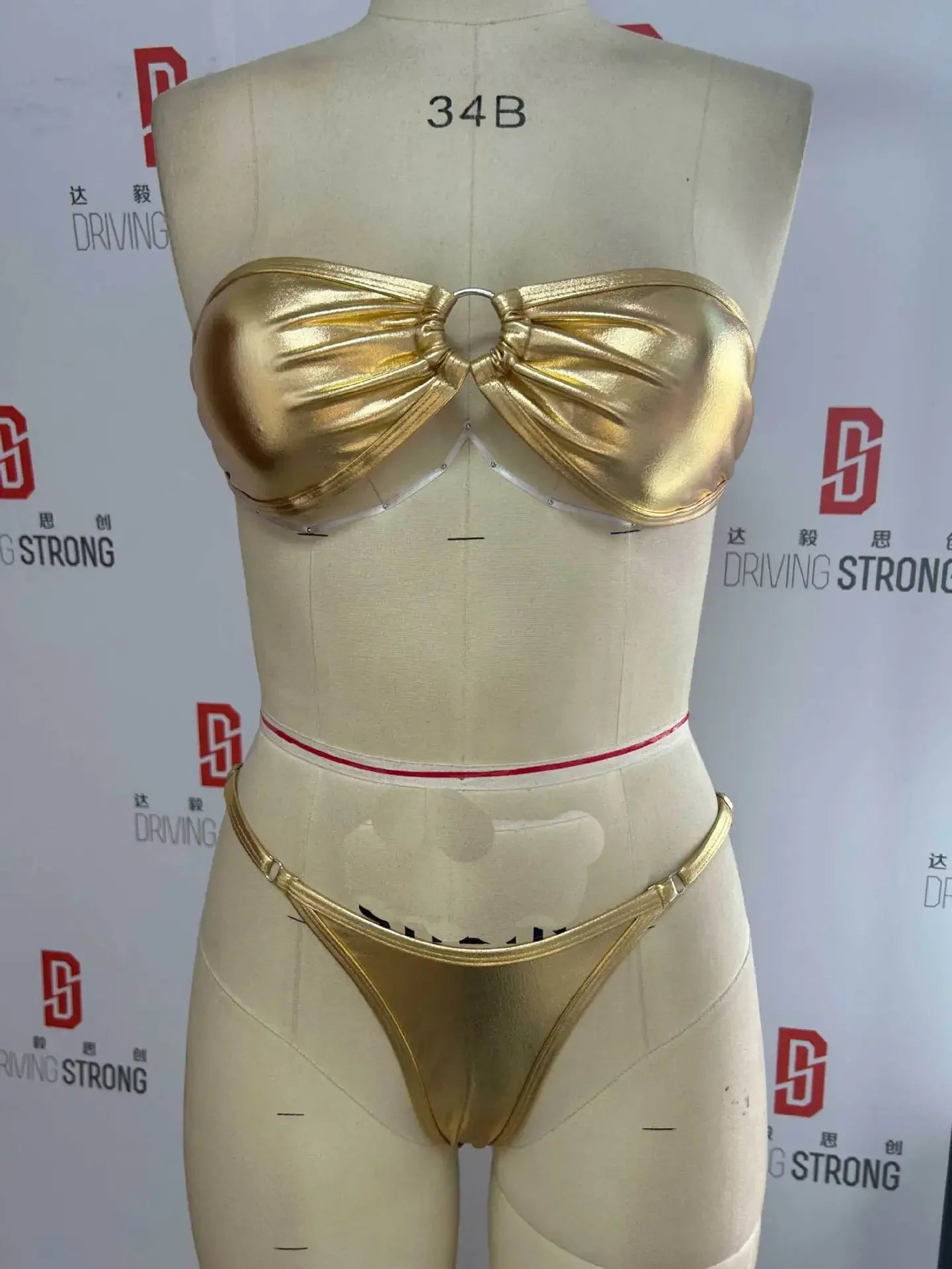 Sexy Bandeau Bikini 2025 Women Gold Black Metal Ring Linked Hollow Out Push Up Micro Swimsuit Shiny Bathing Suit Thong Swimwear