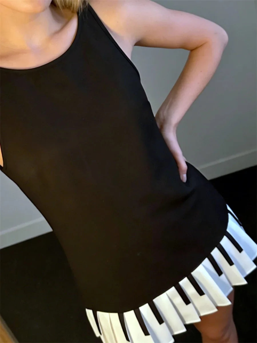 2026 Summer Women's Tank Dress Summer Crew Neck Sleeveless Patchwork Pleated Mini DressCasual Punk Streetwear