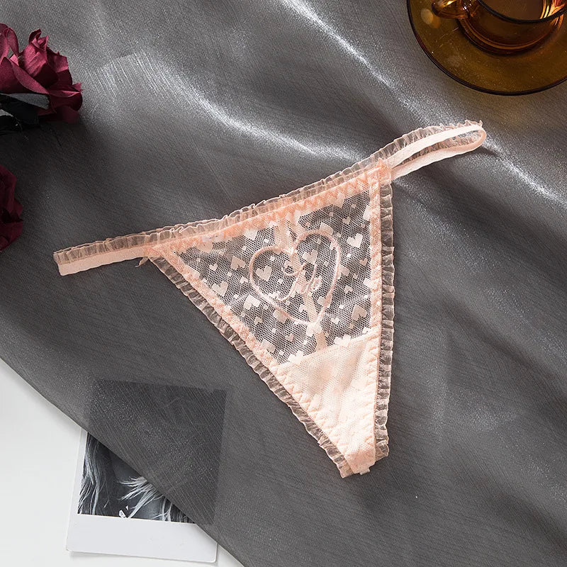 Embroidery Heart Sexy Girls Panties Women Briefs Thong Lace G String Underwear Thin Transparent Female Low Waist Lingerie