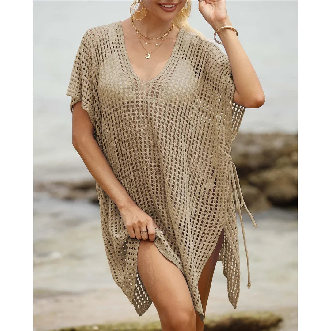 Short Sleeve V Neck Hollow Out Crochet Knitted Tunic Beach Dress Beach Wear Beachwear Beach Cover Up Cover-upsFemale Women V8061