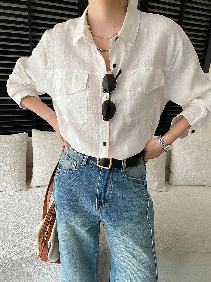 Women White Linen Blend Button Down Shirt Turn Down Collar Chest Pocket Loose Fit Blouse For Summer And Vacation Outfit KY7U