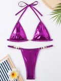 PU Leather Pearls Bikini Mini Micro Thong Bikinis Women Swimwear Female Swimsuit Two-piece Bikini Set Halter Bathing Suit Swim