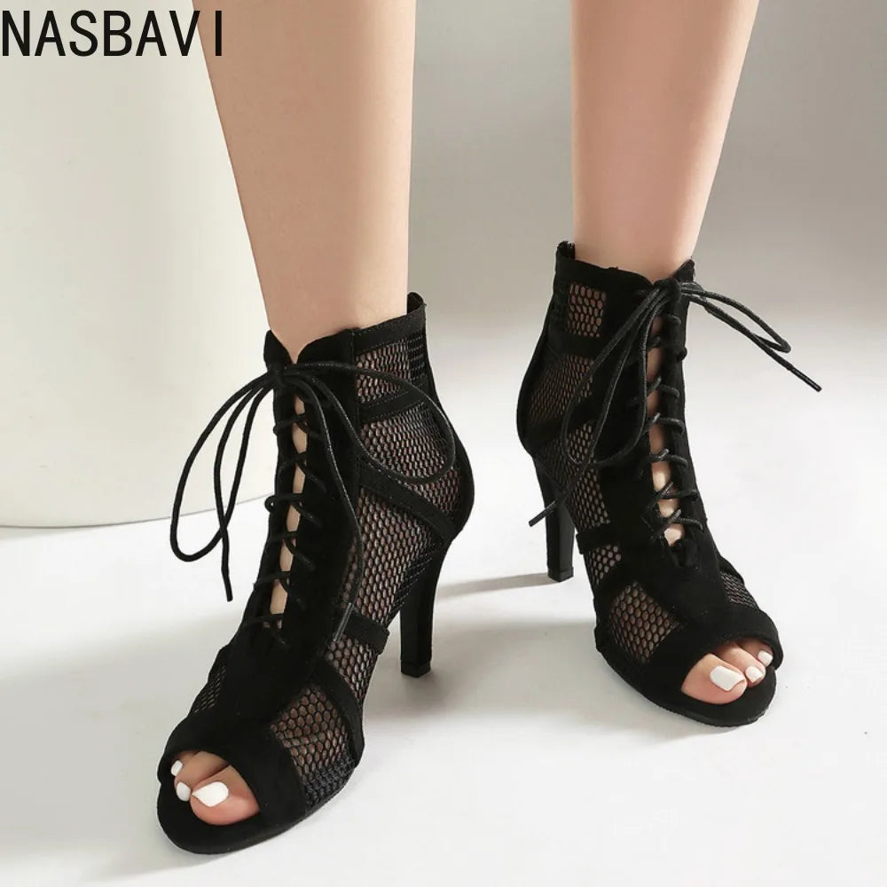 NASBAVI Women Latin Dance Boots Tango Party Shoes for Ladies Girls High Heels Ballroom Dance Shoes Mesh Rumba Samba Salsa Shoes