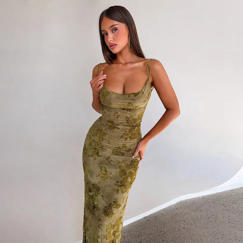 FDYOUI Sexy Elegant Chain Backless Green Floral Evening Dress for Women Sleeveless Bodycon Long Cocktail Dresses Party Club Gown