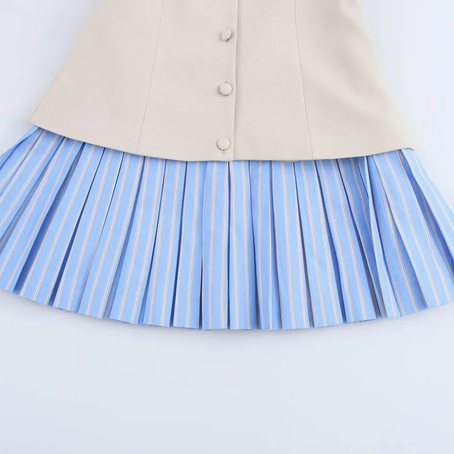 Foridol Striped Pleated Short Summer Dress Women Buttons Decor Spaghetti Strap V Neck Bodycon Mini Spring Beach Vestidos New In