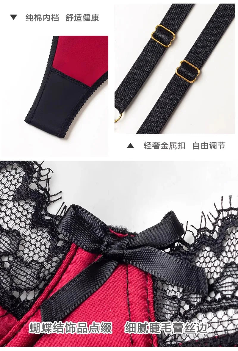 Elegant Red Satin Lingerie Set, Zodiac Inspired Bra Small Chest, Push Up Gathers Anti Sagging, Sensual Lace Bralette Women Tushy