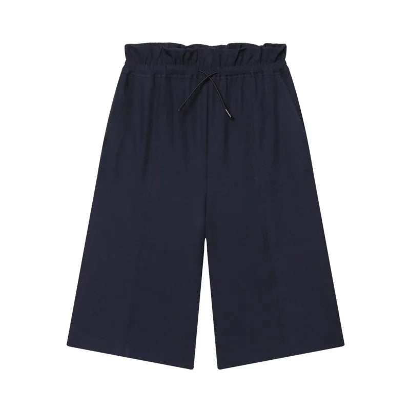 Women's Layered Decorative Waist Casual Shorts Navy Blue Waist Drawstring Wide Leg Knee Shorts Casual Culottes For Women TSP2