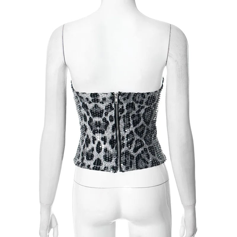 Sexy Chic Leopard Printed Corset Tops Women's Fashion Skinny Zip-up Sequins Crop Tops Strapless Night Club Outfit Streetwear