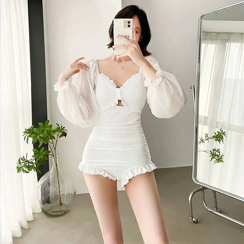 New long sleeved swimsuit for women slimming and conservative soaking in hot springs one-piece high-end sense swimsuit for women