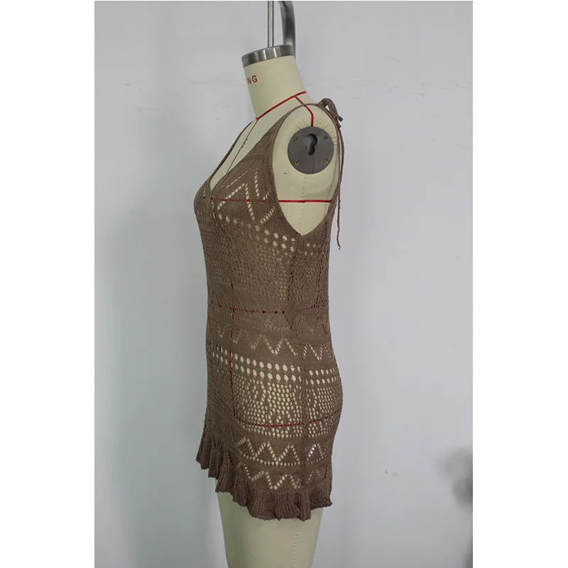 DEKA Style Knitting Multicolor Slip Dress Fashion Hollow Out Short Dress Women's Beach Holiday Bikini Cover Up Fishnet Crochet S