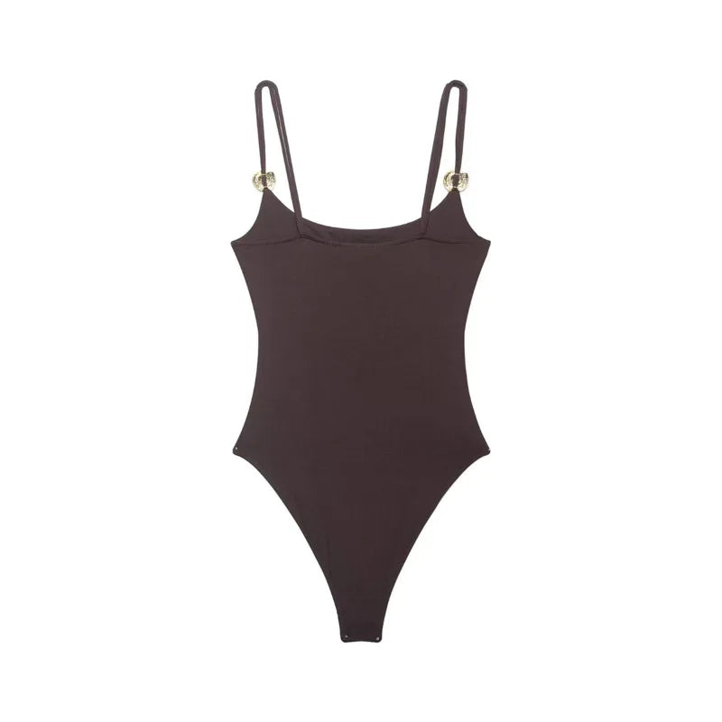 Black And Brown Spaghetti Strap Bodysuits With Rose Gold Button Decor Elegant Slim Fit Shapewear For Women Nightclub Wear 4UMT
