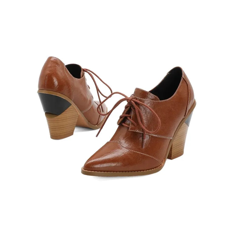 Snake Print Pumps Women Lace Up Brogue Shoes Pointed Toe Wedge Heels Deep Mouth Plus Size 40 41 42