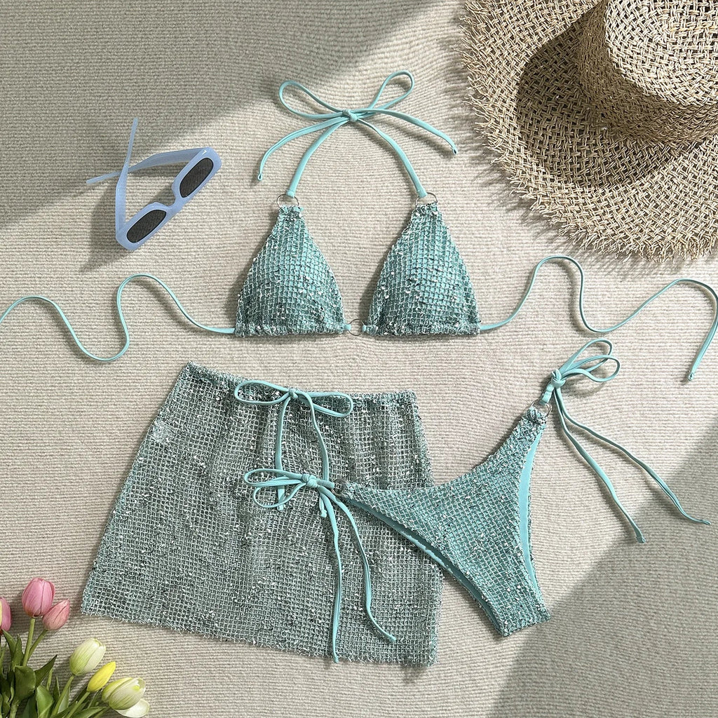With Fishnet Sarong Skirt Halter Micro Bikini Women Swimwear Female Swimsuit Three-pieces Bikini Set Bathing Suit Swim Beachwear
