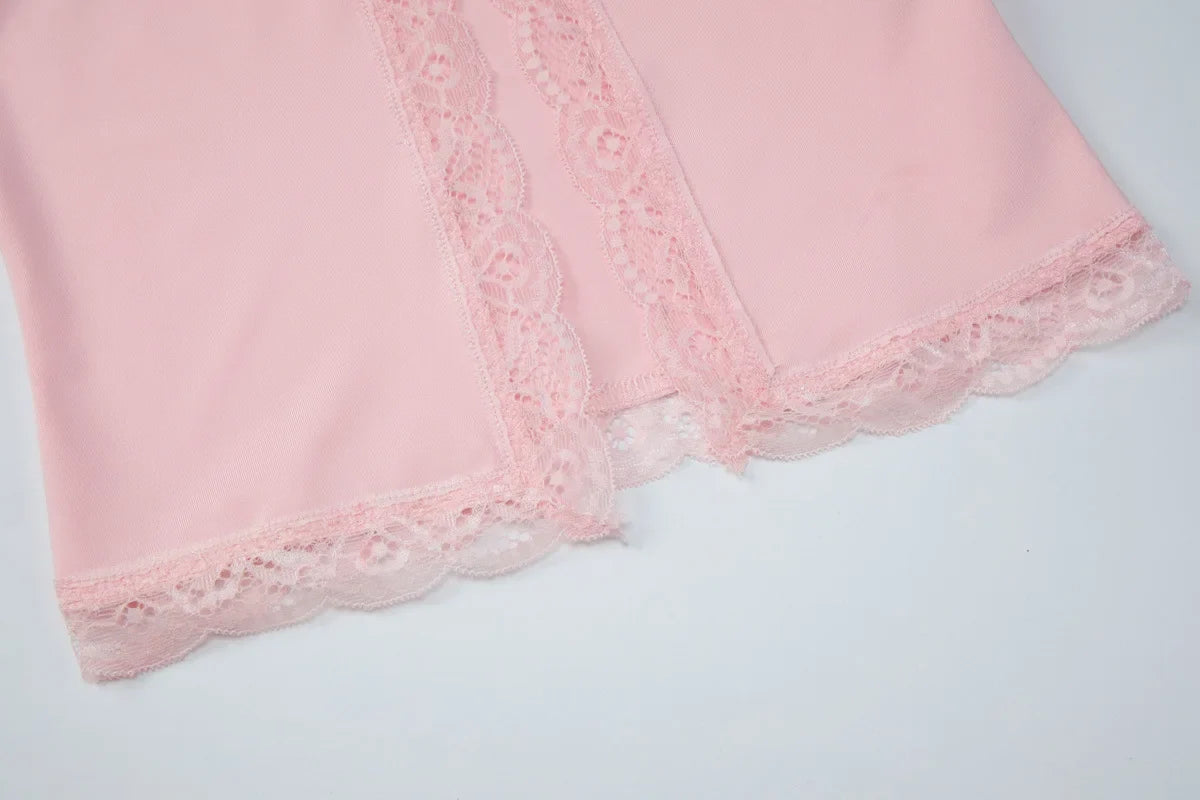 FDYOUO Sexy Halter Lace Patchwork Camisoles Women Fashion Backless Hollow Out Corset Pink White Bandage Tanks Top Y2K Streetwear