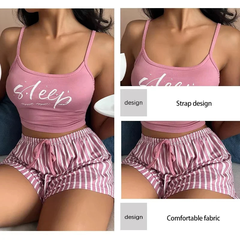 Women Pajamas Set Sleepwear Sexy Summer Home Clothes Tops And Shorts Cute Soft Sleeveless Nightwear For Female