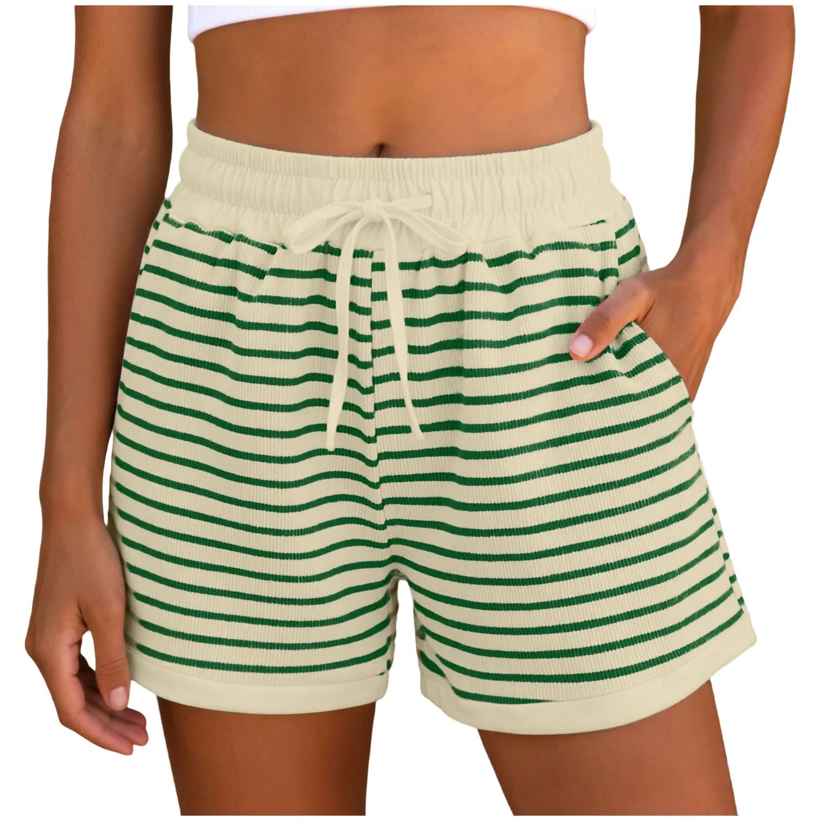 Y2k Cute Contrast Color Elastic High Waist Striped Shorts Women Drawstring Summer Shorts With Pockets Loose Fit Ribbed Shorts