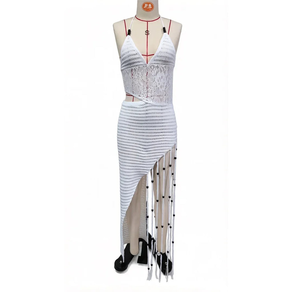 New Tassels Asymmetric Halter Crochet Knitted Tunic Beach Cover Up Cover-ups Beach Dress Beach Wear Beachwear Female Women V8257