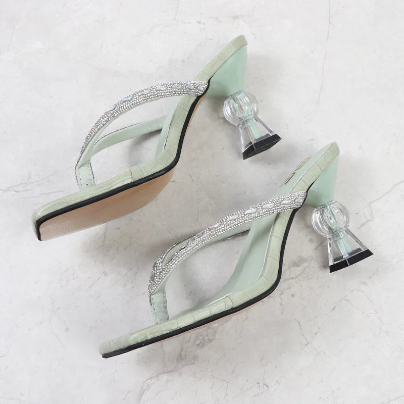 2025 Summer Flip Flops Crystal Slides Women 8cm High Heels Mules Crystal Glitter Block Low Heels Slippers Glitter Platform Shoes