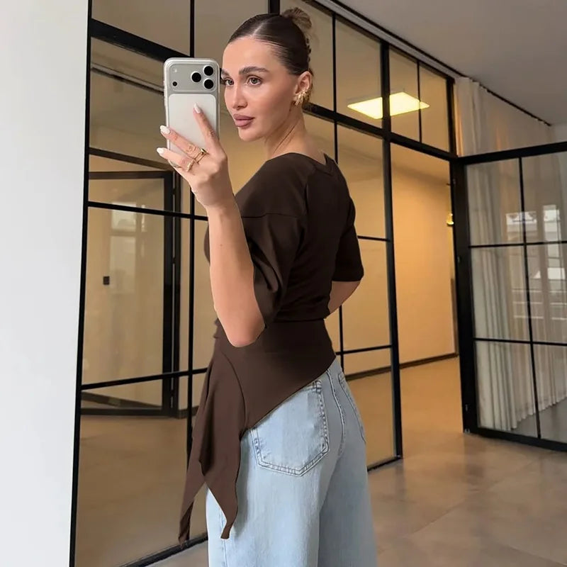 FDYOUI Women O-neck Short Sleeve Solid T-shirts 2026 Summer Chic Ruched Bandage Corset T-shirt Female Tunics Irregular Crop Tops