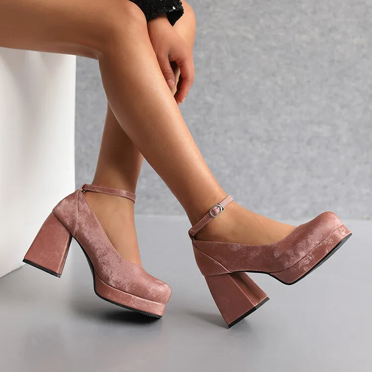 2026 Spring Style Suede Women's Thick-Soled High Heels with Ankle Buckles Women's High Heels Sizes 34 - 48