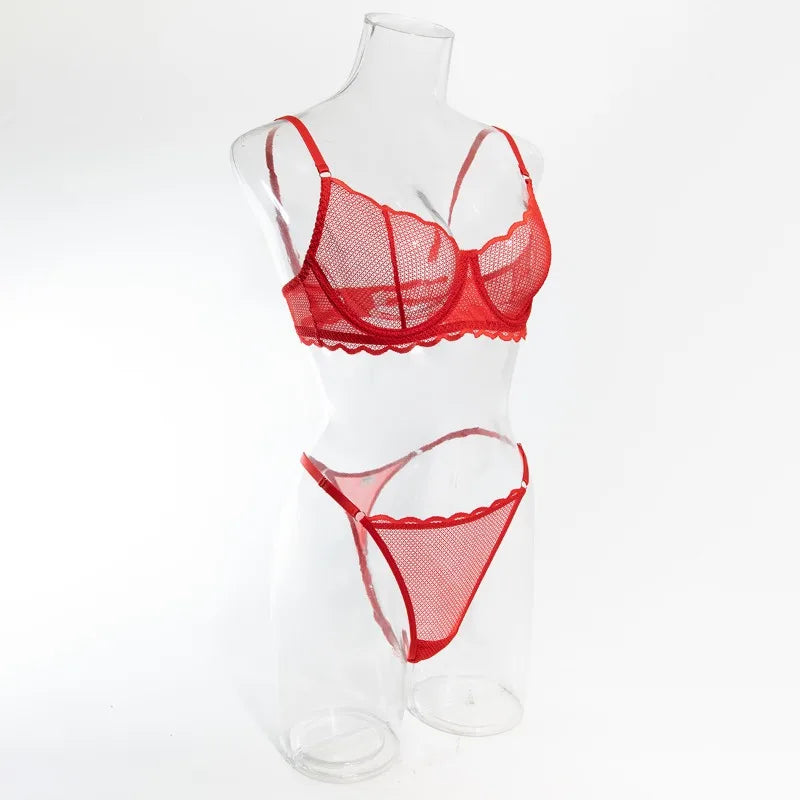 Toucheart Sexy Lingerie Suit for Women Lace Mesh Ultra-thin Underwear Comfortable Bra Set with Steel Rings Hollow Out Underwear