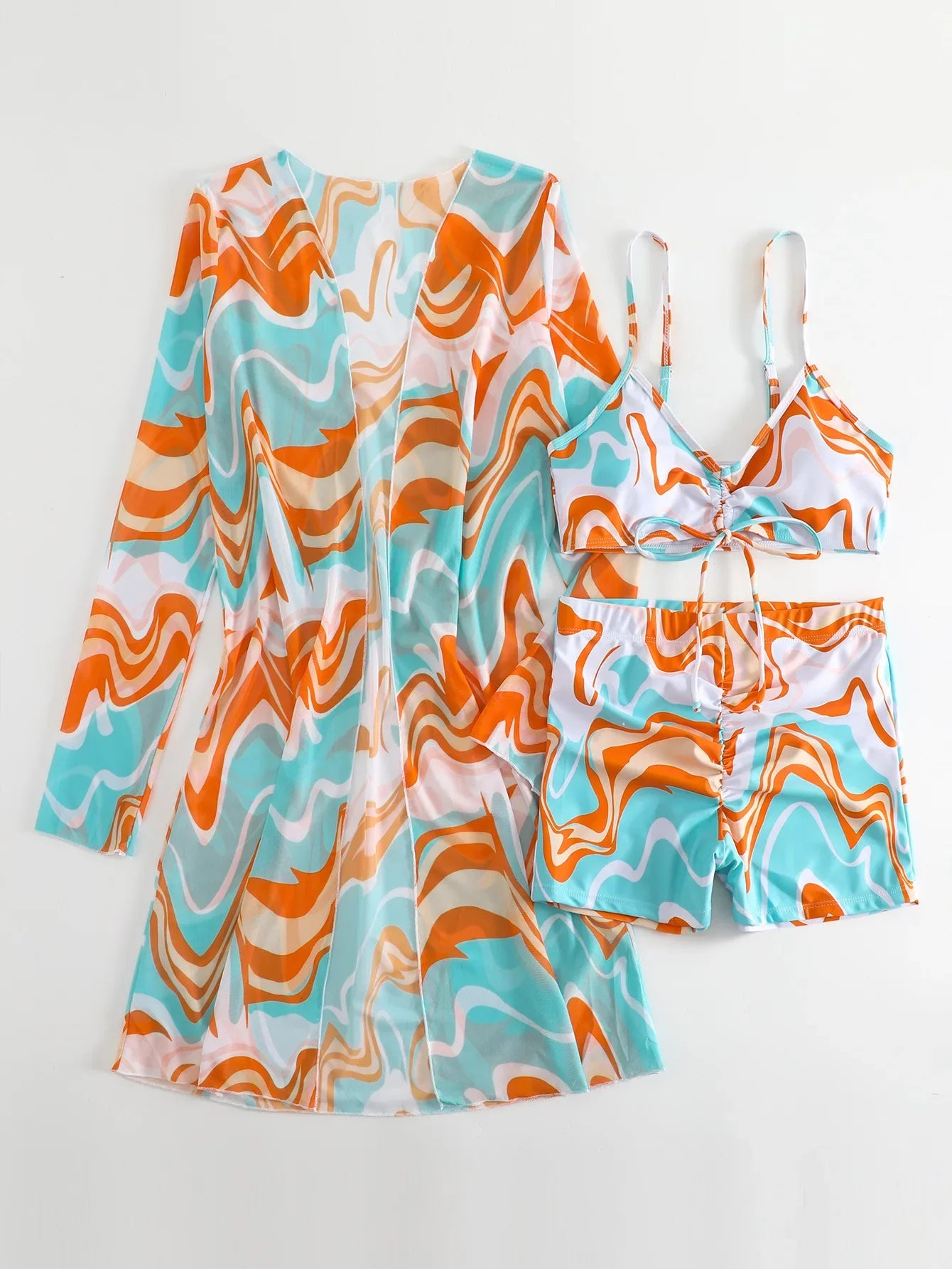 New Sexy 3 Pieces Suit for Women Neck Hanging Bikini Set+Cover-up Swimwear Sunproof Tankini High Waist Shorts Swimsuit Beachwear