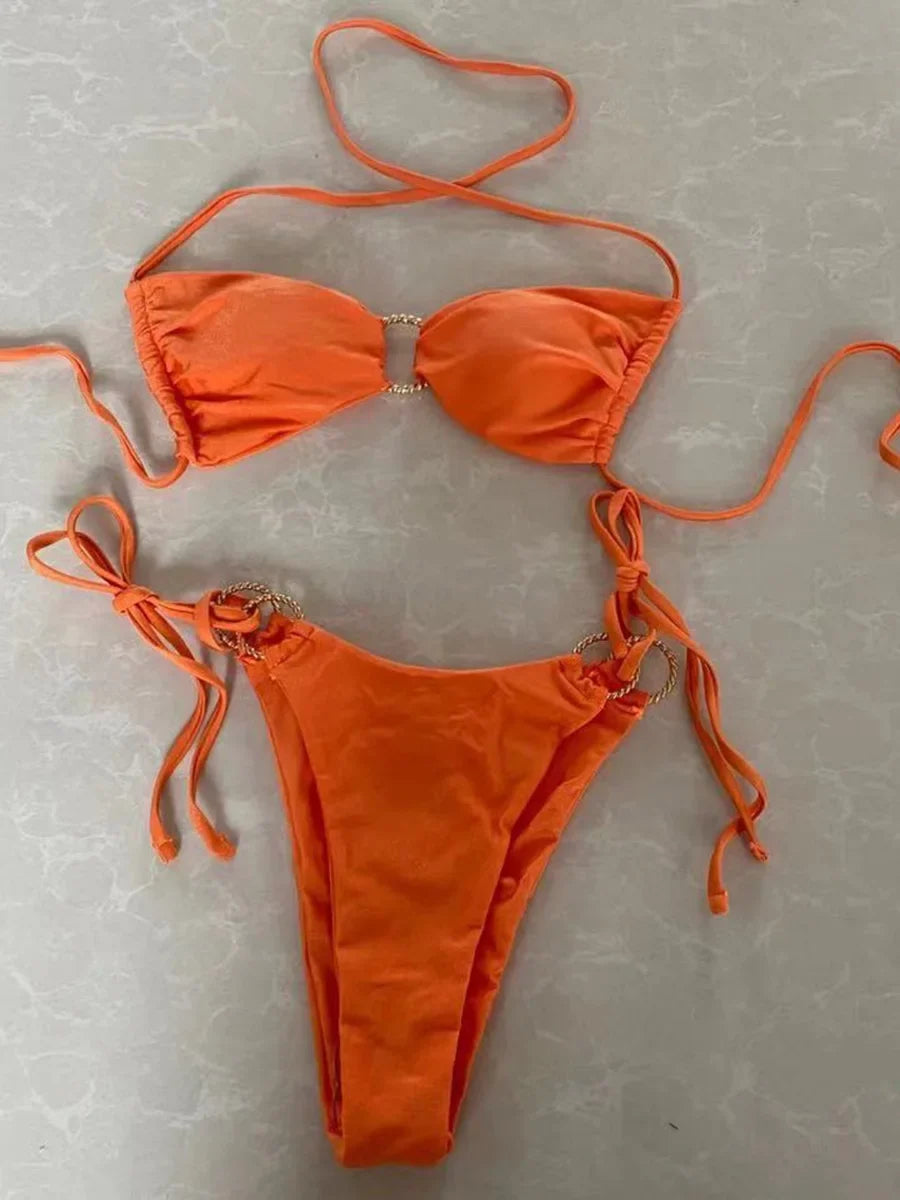 2026 Halter Bikinis Women Padded Swimwear Female Sexy Ring Linked Swimsuit Solid Bathers Bathing Swimming Swim Suit Beachwear