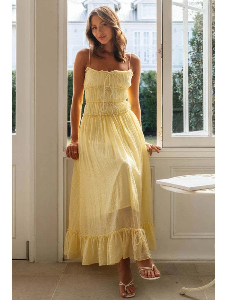 Foridol Spaghetti Strap White Sundress Flounced Edge Women's Dress Summer Beach Style Maxi Dress Bowknot Boho Vestidos 2025