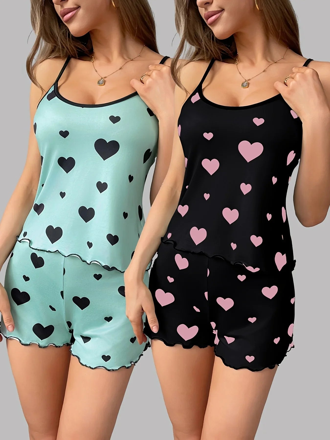 Women Pajama Set Summer Sleepwear Heart Love Pattern Cami Tops and Shorts Set Loungewear Soft Comfy Nightwear