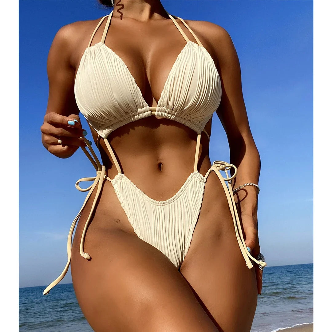 Sexy Wrinkled Tummy Cut Out Halter One Piece Swimsuit Women Swimwear Female High Leg Cut Monokini Bather Bathing Suit Swim K5607
