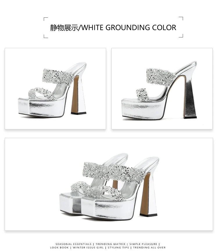 Summer 2026 Crystal Shiny Hollow Out High Heels Women's Sandals Fashion Sexy Size 35-41 Glittering PU Upper Rubber Sole